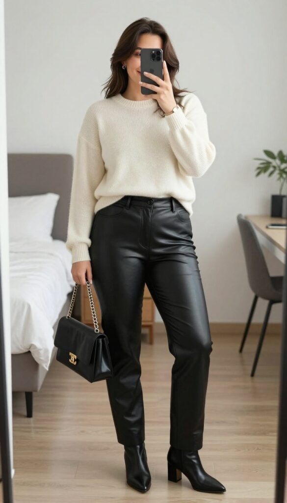 A woman in black leather pants and a cream cashmere sweater, posing in a mirror selfie, partially covering her face with a phone.