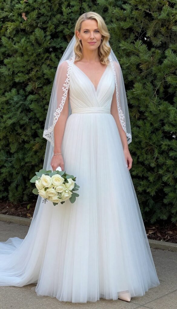 A young woman with fair skin and blonde hair in an outdoor garden, wearing a white tulle A-line wedding dress with a sheer embroidered veil, holding a small bouquet of white roses and eucalyptus.