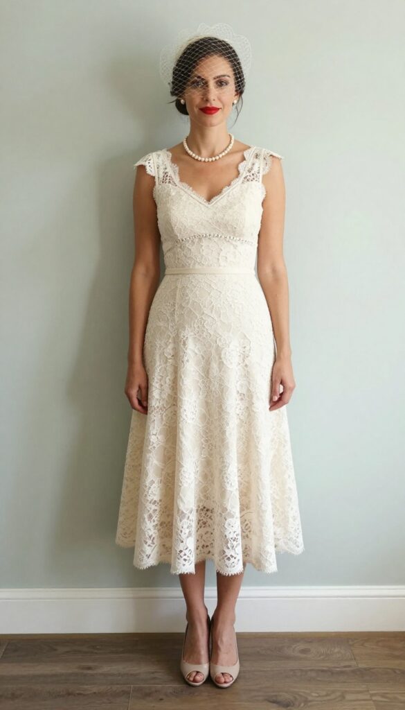 Woman in vintage tea-length lace wedding dress with birdcage veil in sunlit garden