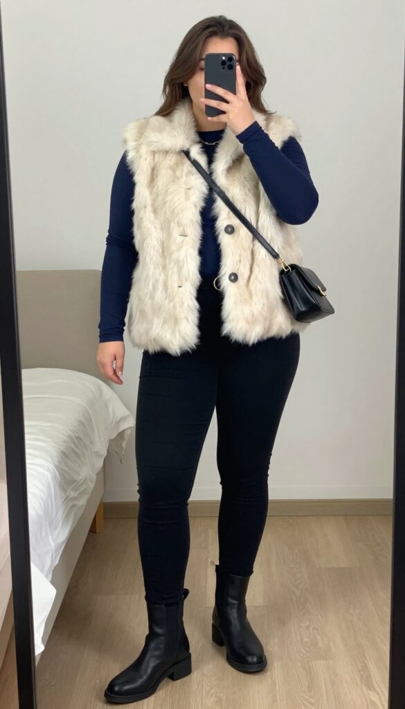 A woman in a cream faux fur vest, navy long-sleeve tee, black skinny jeans, and black ankle boots, holding a black crossbody bag, in a street setting.