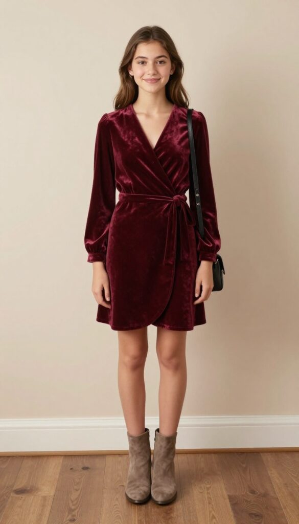 Teen girl in burgundy velvet wrap dress with suede ankle boots and crossbody bag, standing indoors with autumn decor