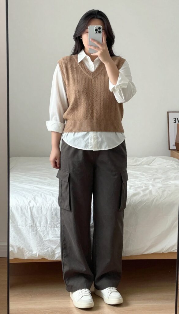 Korean business casual outfit: sweater vest layered over button-down shirt with cargo pants, white sneakers, and canvas tote.