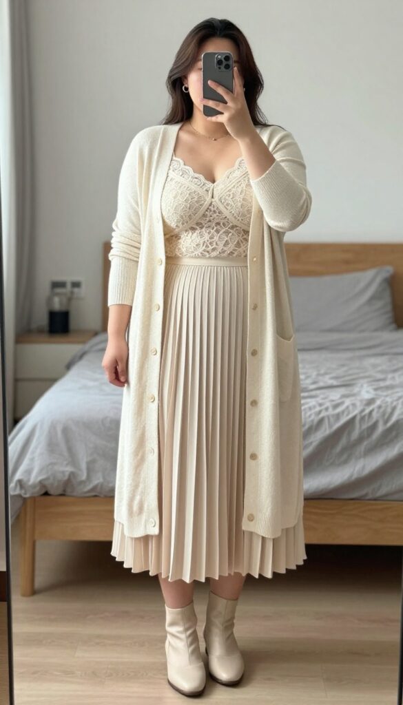 Woman in cream cardigan, lace camisole, and pleated midi skirt, standing in a bright room with soft natural light.
