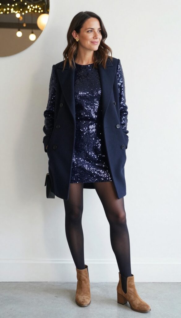 Woman in navy sequin mini dress with black tights and tan suede ankle boots at evening wedding reception