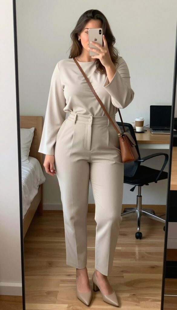 Boho work outfit with bell-sleeve top tucked into paperbag waist pants and pointed mules