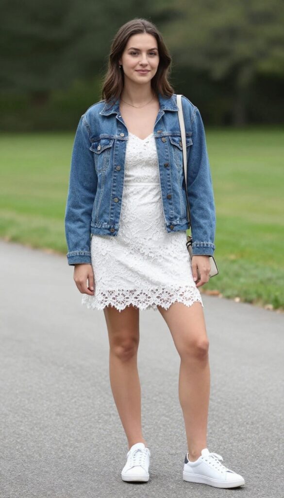 Woman in white lace dress with denim jacket and white sneakers, casual outdoor setting