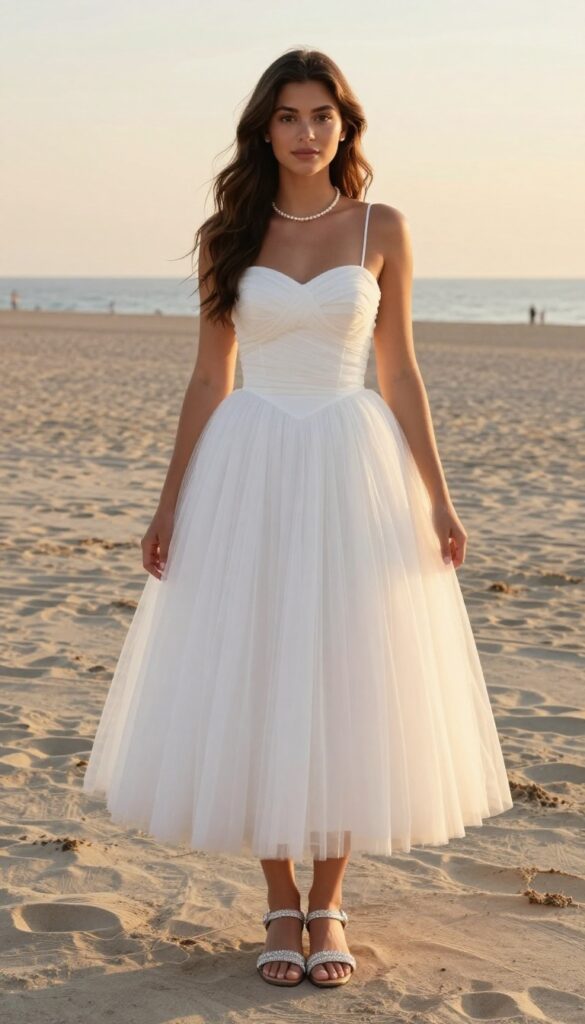 Young woman in tea-length white ballgown with full tulle skirt and fitted bodice, silver sandals, pearl necklace, beach sunset