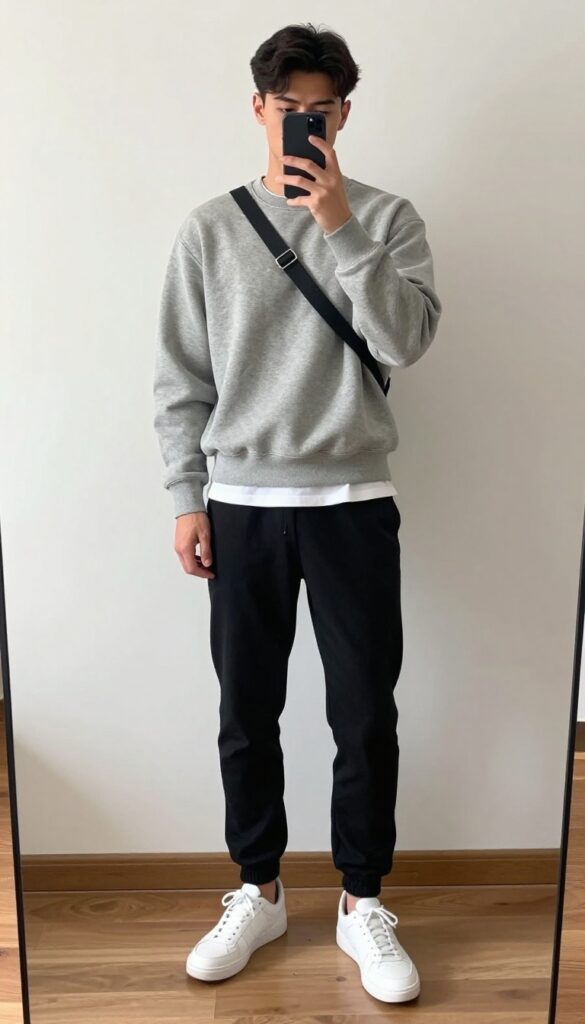 Man in grey sweatshirt and black slim joggers taking a mirror selfie, showcasing a casual streetwear outfit.