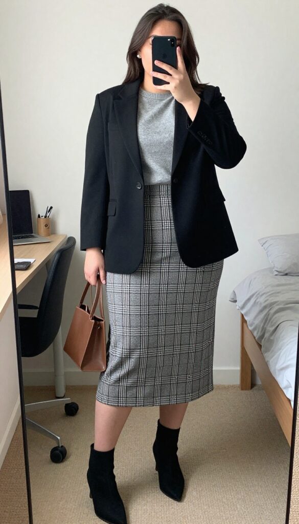 Woman in black blazer, gray sweater, and plaid midi skirt standing in an office setting.