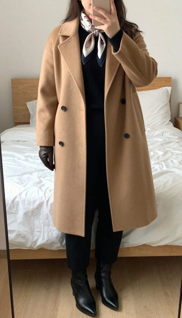 Camel coat over monochrome black outfit with silk scarf and leather gloves, pointed-toe ankle boots, fall business casual look.