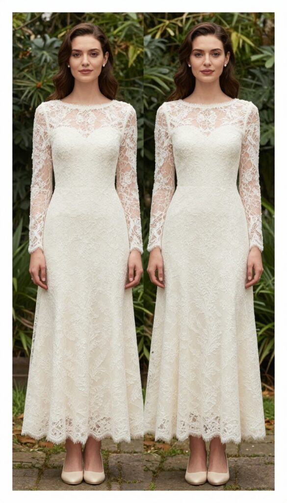 Woman in long-sleeve crystal lace wedding dress with matching lace cape in garden