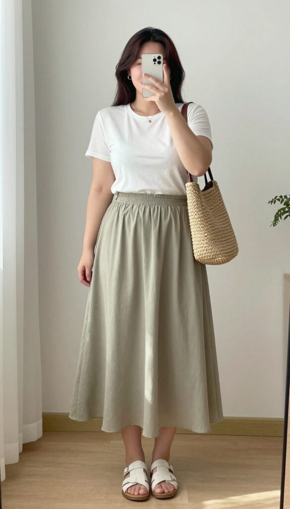 Plus-size woman in flowy maxi skirt and basic white tee, taking a mirror selfie, showcasing a breezy and comfortable mom outfit.