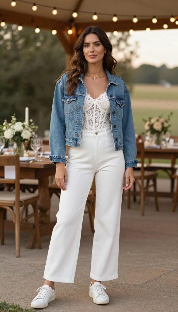 Woman in white lace corset top and cropped denim jacket with white wide-leg trousers and sneakers at rustic wedding venue