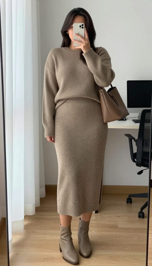 A woman in a matching camel knit sweater and midi skirt, standing in a bright office, wearing ankle boots and carrying a structured tote.