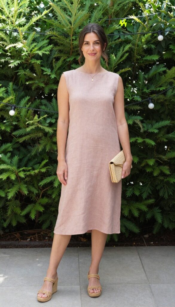 Woman in blush linen boatneck midi dress with woven sandals and straw clutch at outdoor garden wedding