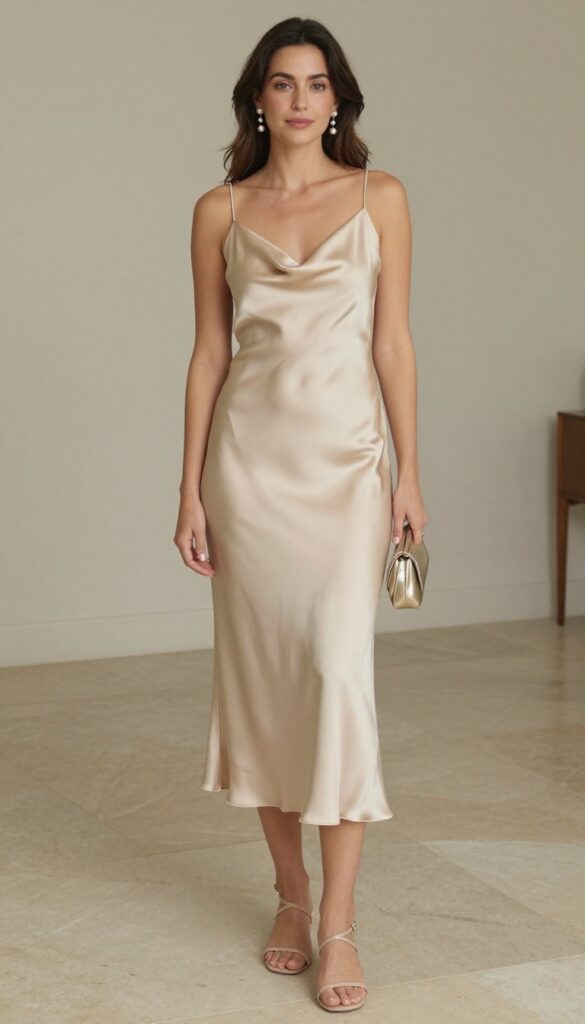 Woman in champagne satin slip dress with pearl drop earrings, nude sandals, and metallic clutch, standing in modern indoor setting.