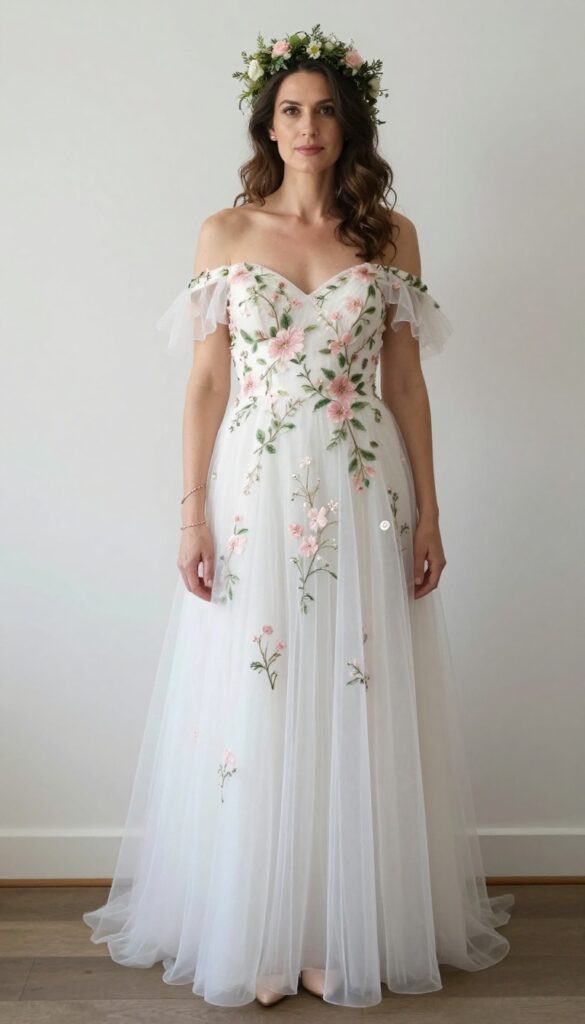 A young adult woman with fair skin and light brown hair in loose waves, wearing an off-shoulder ballgown with floral embroidery, standing in a neutral ballroom with soft beige walls and cream drapes, holding a bouquet of wildflowers.