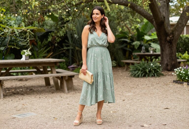 Woman in sage green floral midi dress with espadrille wedges at outdoor wedding