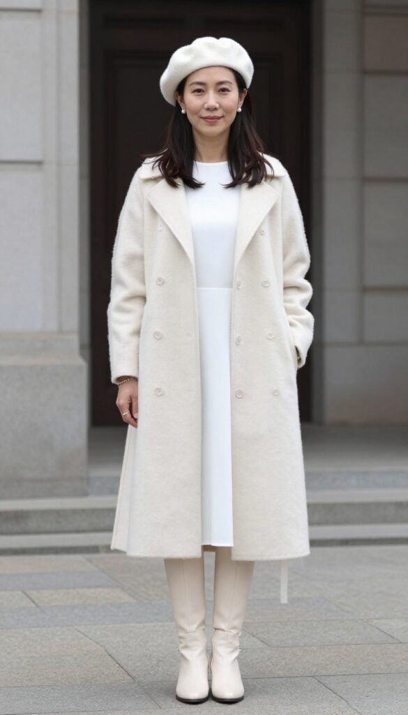 Woman in cream tulle-trimmed coat and white shift dress outside courthouse