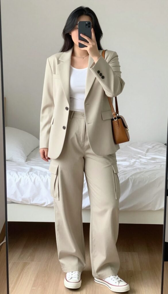 Woman in cream blazer, white tee, olive cargo pants, white sneakers, and tan crossbody bag standing in a campus setting