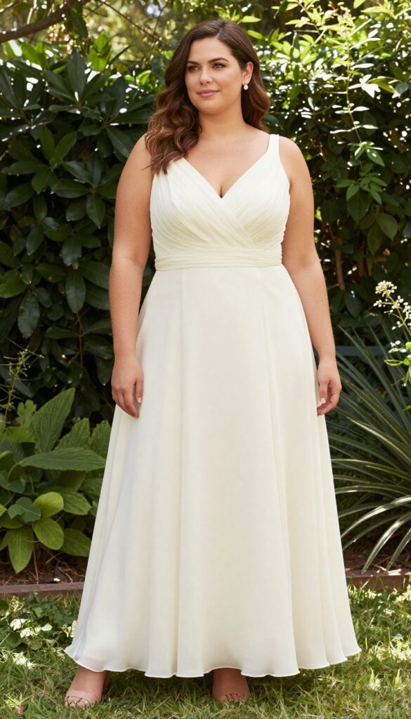 Curvy bride in empire waist chiffon wedding dress with flowing skirt, pearl earrings, nude heels, natural makeup, loose waves, sunlit garden