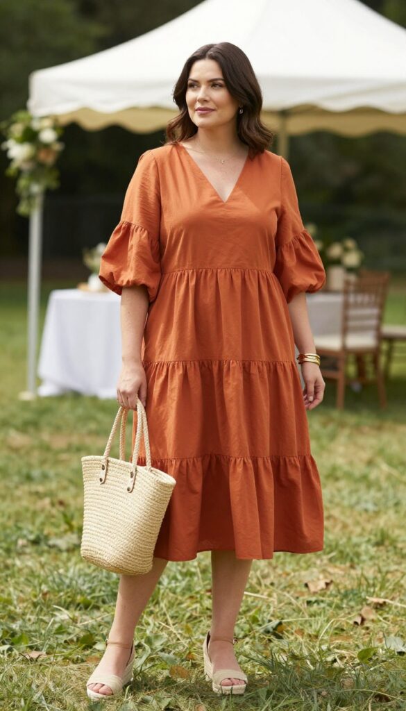 Midsize woman in rust orange tiered midi dress with espadrilles at garden wedding
