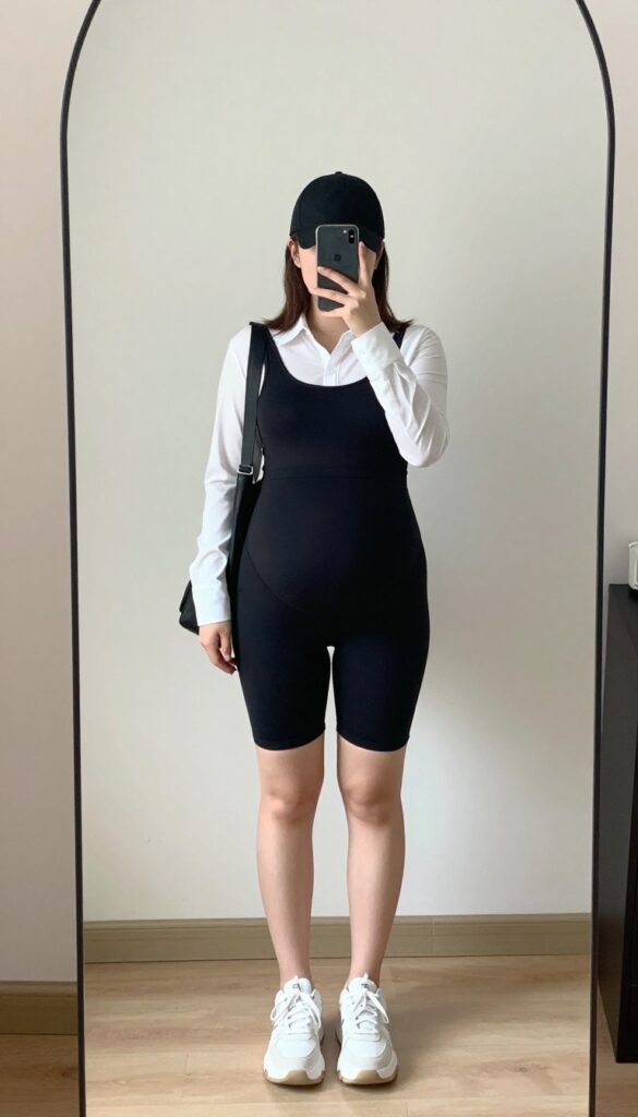 Plus-size pregnant woman in black biker shorts and an oversized white shirt, taking a mirror selfie with a phone, wearing sneakers and a crossbody bag.