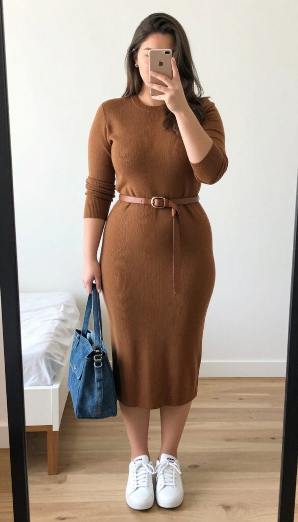 Woman in brown knit midi dress with belt and white sneakers, holding a crossbody bag, standing in a casual office setting.