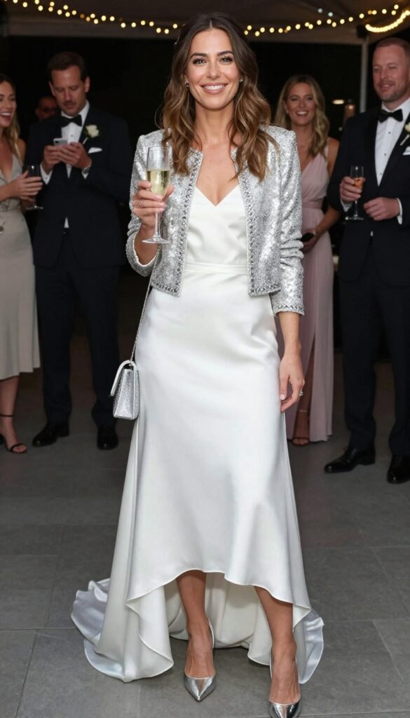 Woman in satin wedding dress with sequin jacket and metallic heels at reception