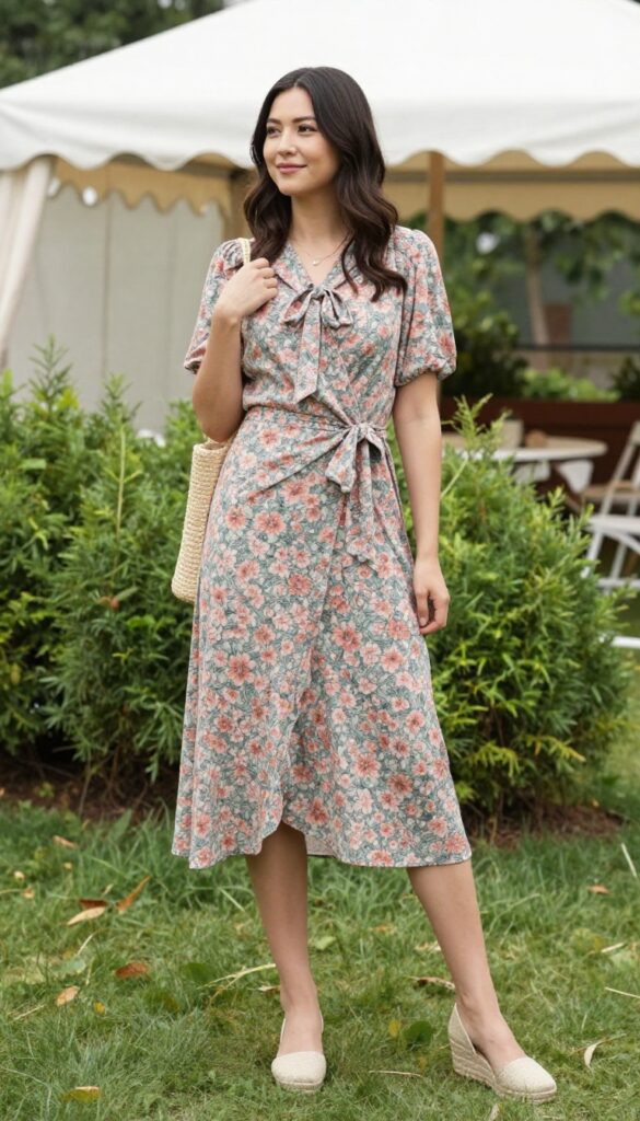 Woman in floral wrap dress with self-tie bow at neckline, neutral wedges, woven straw bag, garden wedding setting