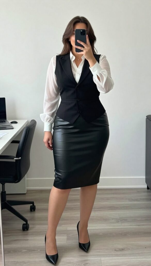Woman wearing a tailored vest over a silk blouse with a pencil skirt and pointed-toe pumps, holding a structured tote bag.