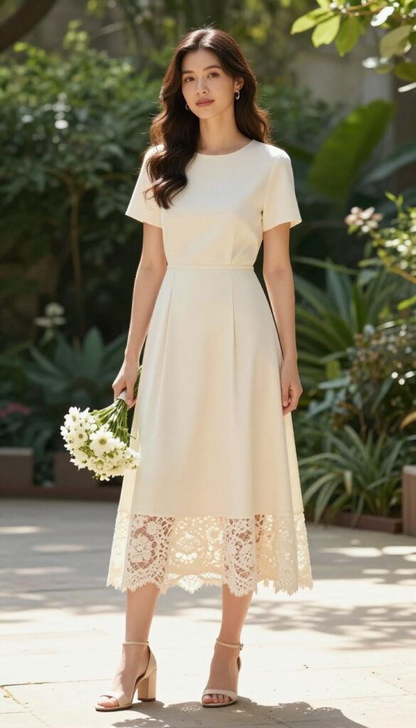 Woman in cream midi dress with detachable lace train, standing in garden aisle holding bouquet