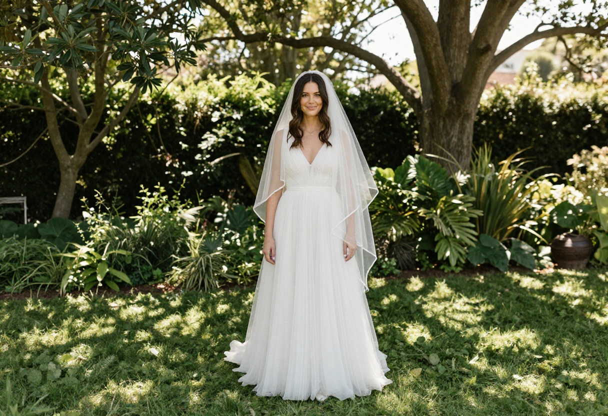 Bride in tulle A-line wedding dress with cathedral veil in garden