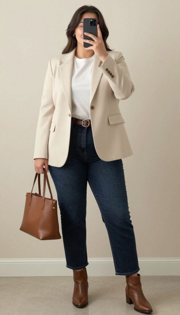 Woman in cream blazer, white tee, dark wash straight-leg jeans, and brown ankle boots, holding a brown leather tote, standing in a bright office or street setting.