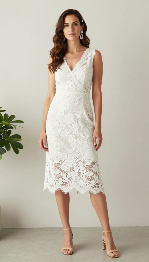 Woman in white lace sheath dress with crystal hair vine and statement earrings