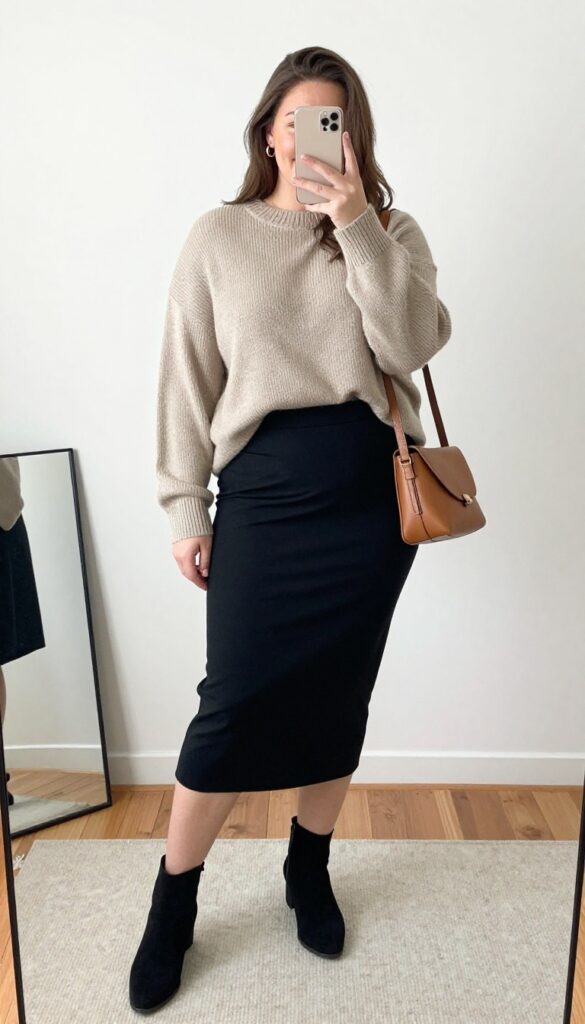 Plus-size woman in an oversized oatmeal sweater and fitted black pencil skirt, taking a mirror selfie, wearing ankle boots and a tan crossbody bag, cozy and polished.