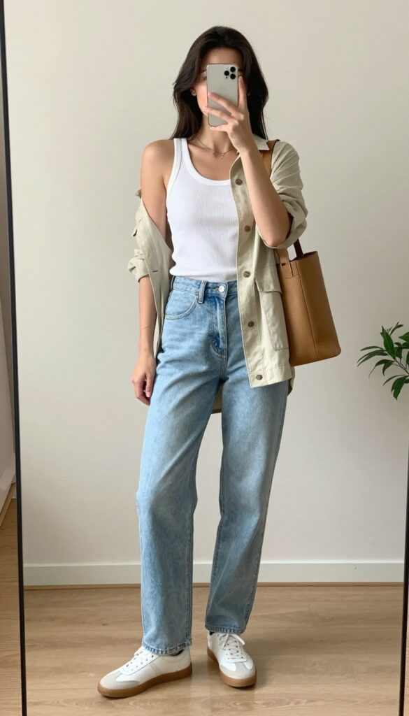 A woman in a white tank top and light olive utility jacket with relaxed light wash jeans and white sneakers, taking a mirror selfie.