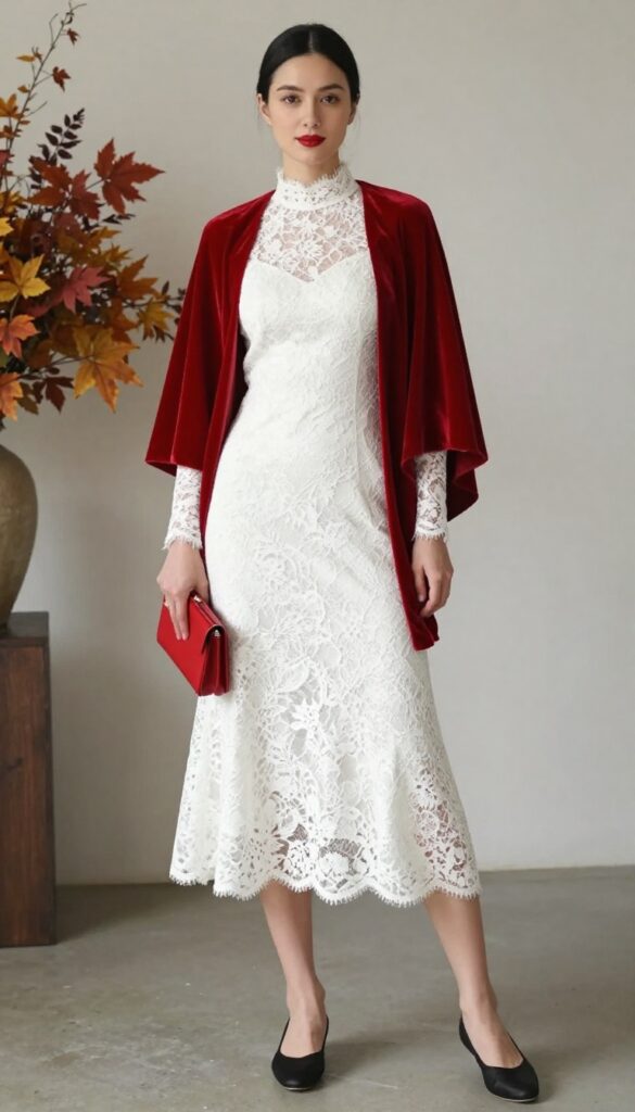 Snow White wedding dress outfit idea: red cape over high-neck lace dress, black flats, red clutch, sleek updo