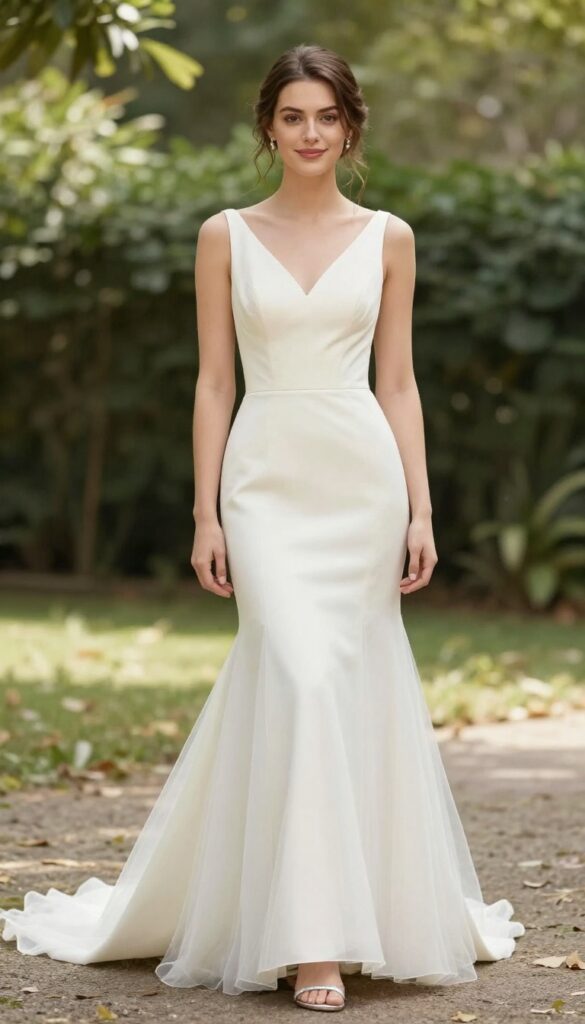 Bride in high-low poofy wedding dress with silver heels in garden