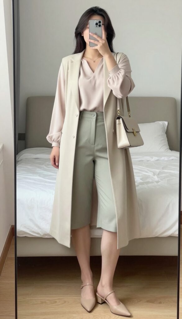 Woman in long cream vest, flowing blouse, and tailored sage shorts with nude mules, posing in a bright office setting.