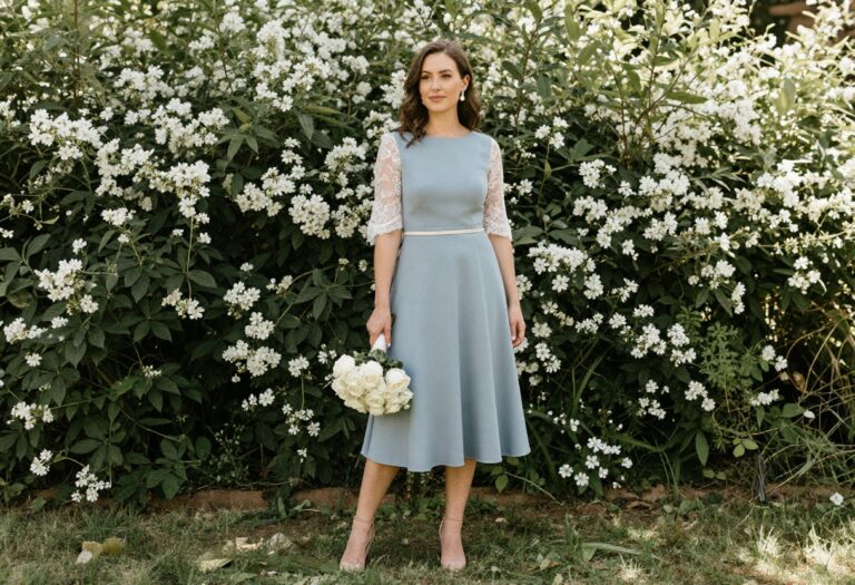 Woman in dusty blue lace wedding dress standing in garden with bouquet