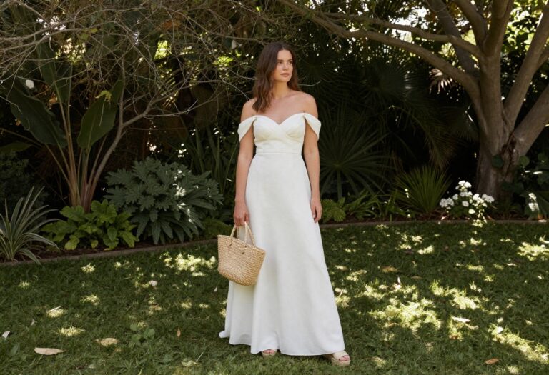 Woman in off-shoulder wedding dress with straw bag and espadrilles in garden