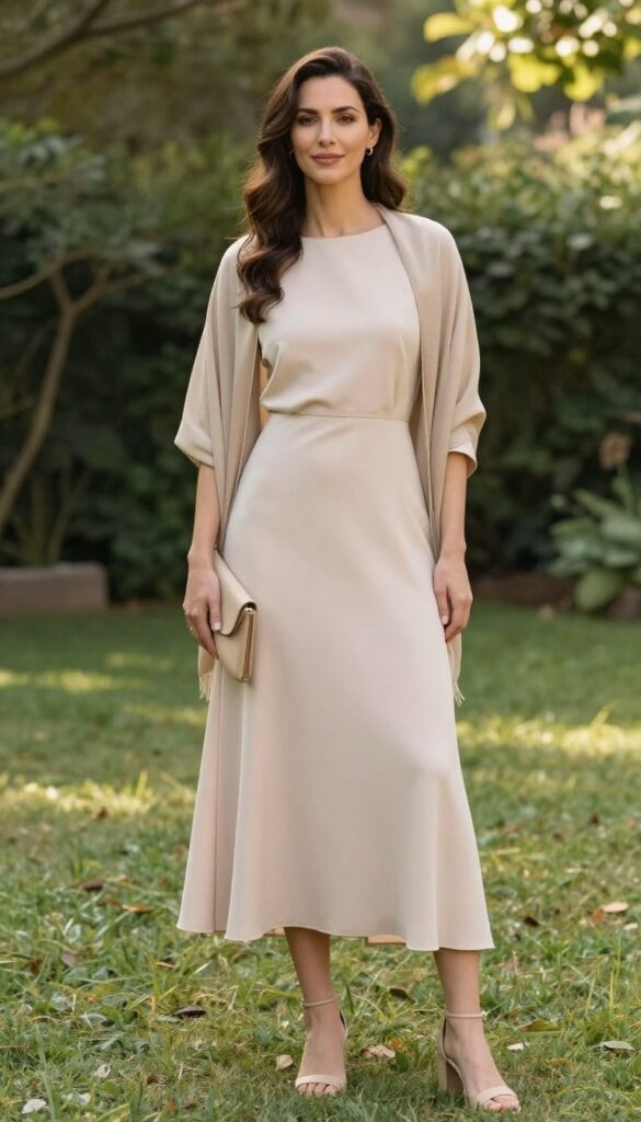 A woman in her late 20s with natural body proportions stands in a garden at golden hour. She wears a blush midi wedding dress, a beige pashmina, nude block heels, and a beige clutch. She smiles gently, looking off-camera. String lights in background.