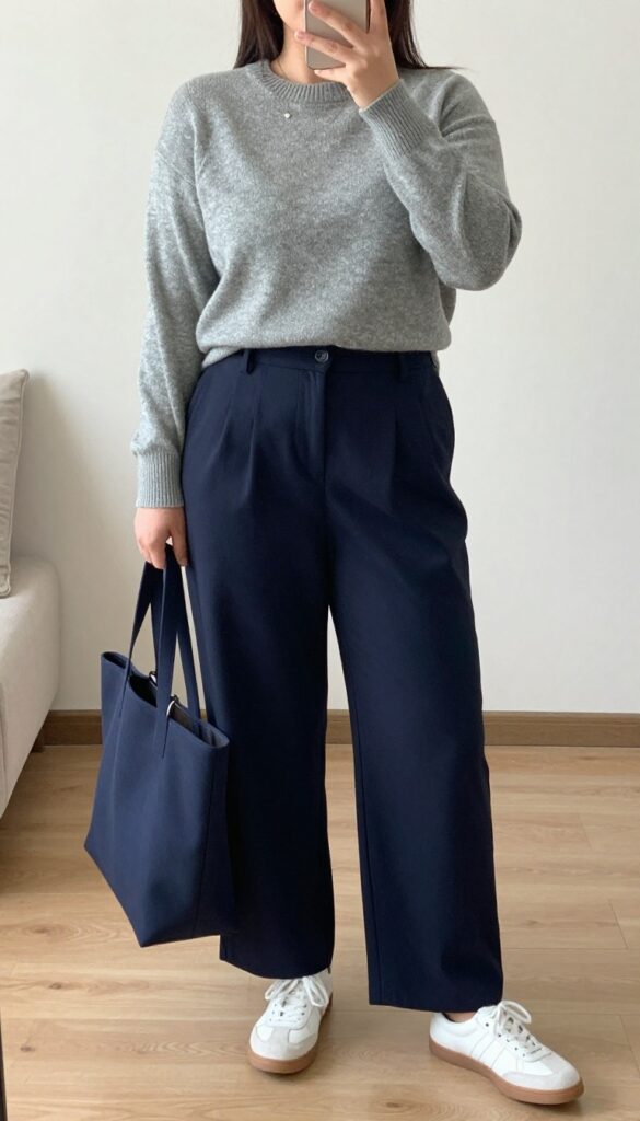 Heather gray crewneck sweater tucked into navy wide-leg trousers with white sneakers and navy tote.