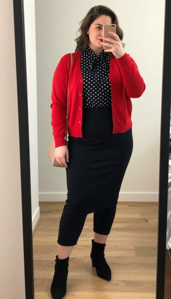 Plus-size woman in red cardigan, polka dot blouse, and black pencil skirt taking a mirror selfie