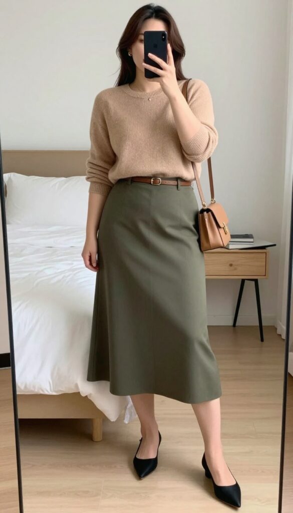 Woman in pointed-toe flats, midi skirt, and cashmere sweater, tucked in with belt, holding crossbody bag, standing in a bright office or cafe.