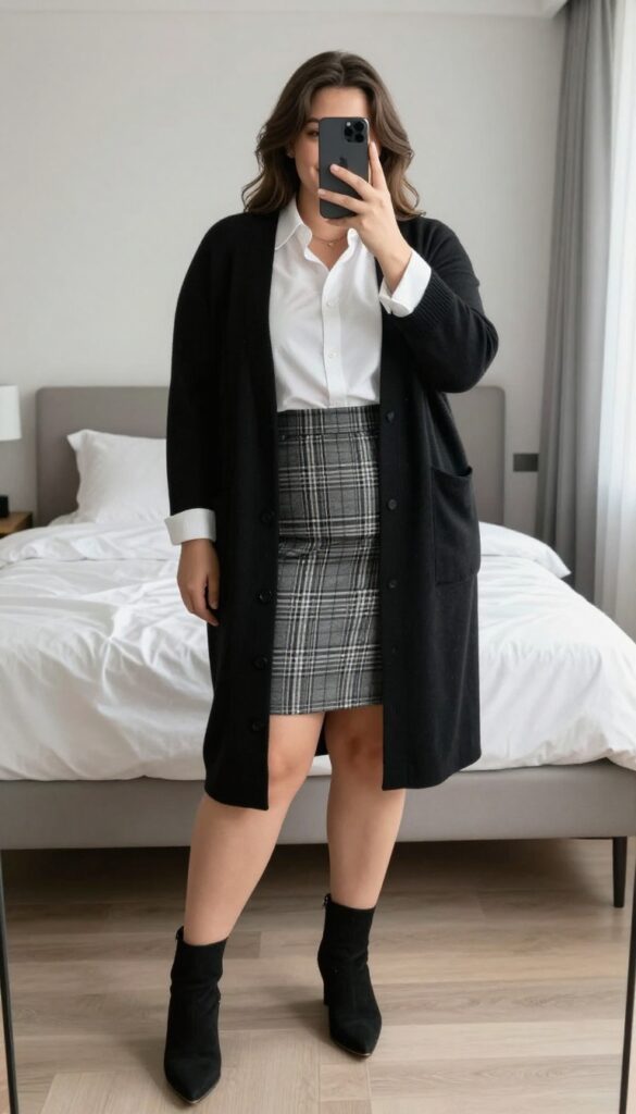 A woman in a black cardigan, white blouse, and plaid midi skirt, standing in a professional setting.