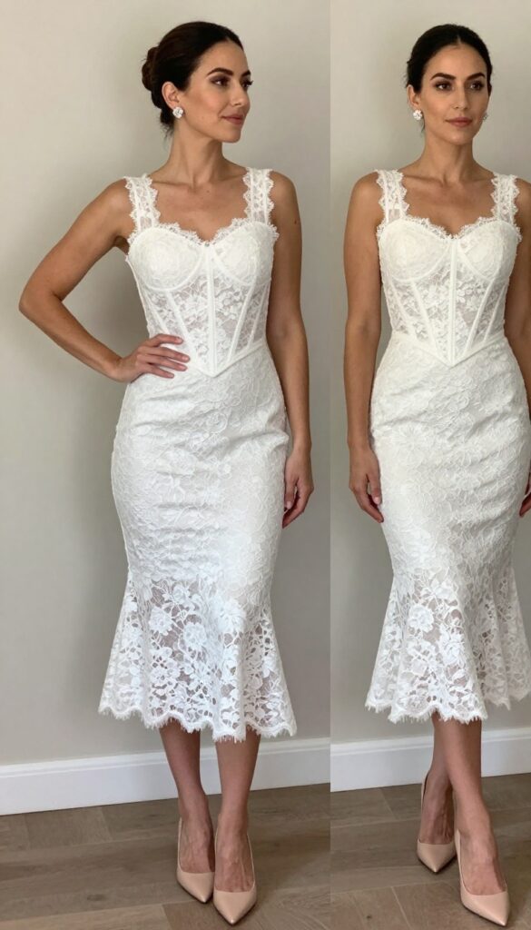 A woman in a white lace corset and mermaid skirt standing in a ballroom.