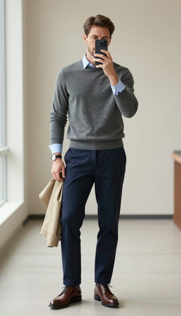Man in grey crewneck sweater over light blue button-down shirt, navy chinos, and brown leather shoes, taking a mirror selfie in a bright office hallway.