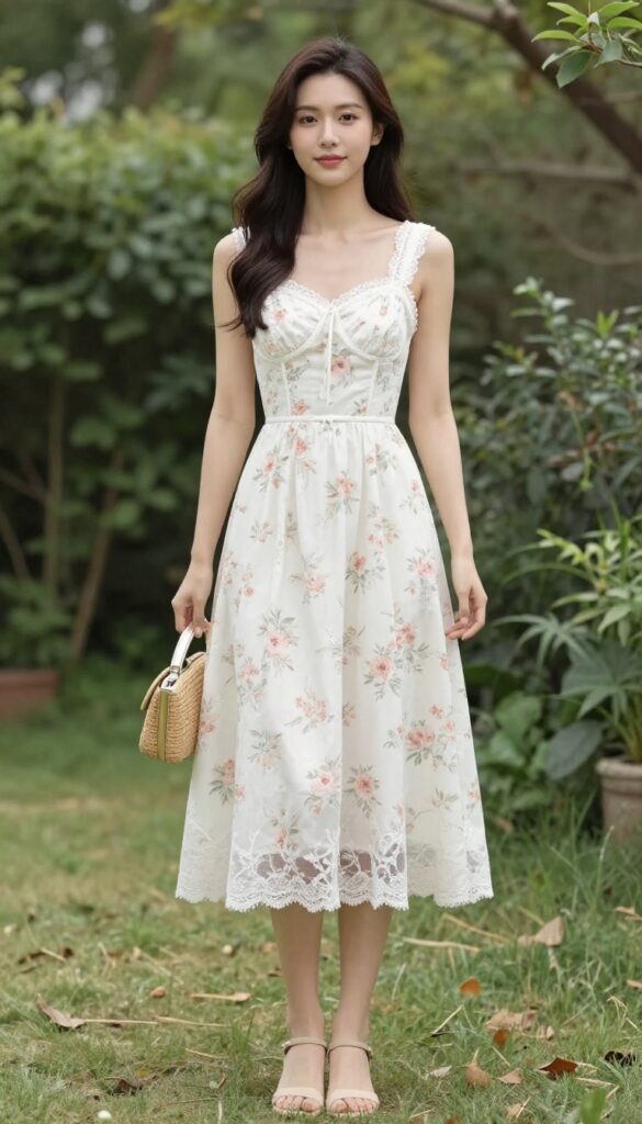 Woman in white floral tea-length dress with lace-trimmed corset, block-heel sandals, and woven clutch in sunlit garden